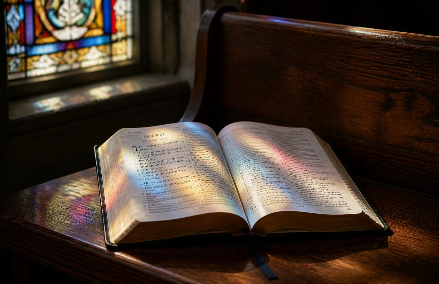 Open Bible on a wooden pew lit by stained glass